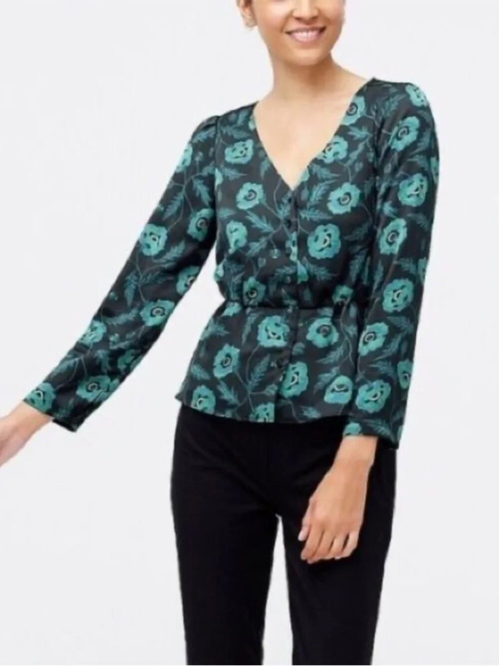 J. Crew Satin Black, Teal Floral Blouse